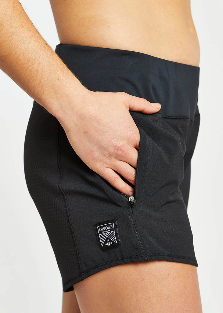 Women's Oiselle Long Roga Shorts. Black. Lateral view.