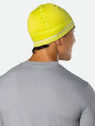 Nathan HyperNight Reflective Beanie, Hi Vis Yellow/Geo Print, rear lateral view.