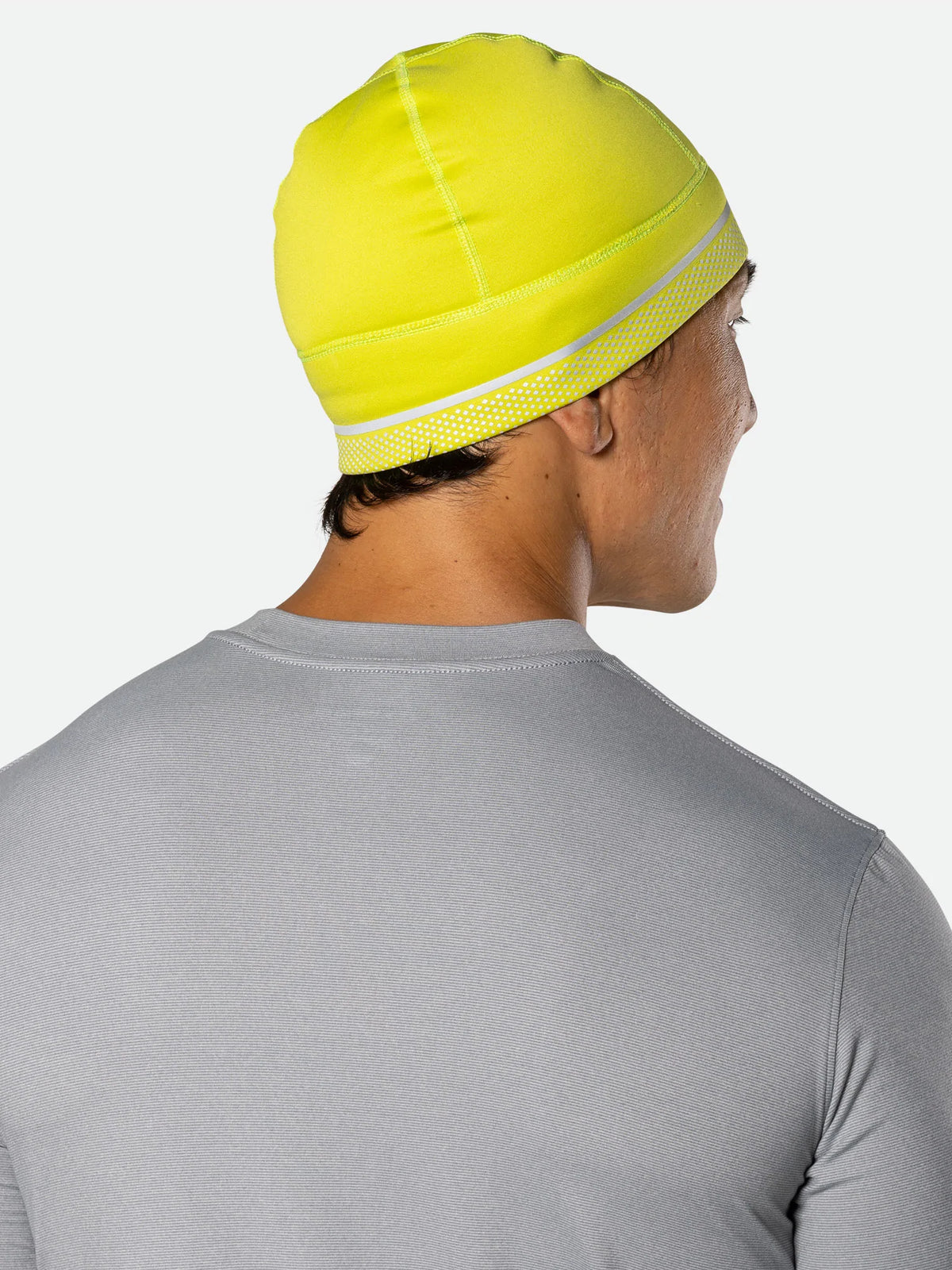 Nathan HyperNight Reflective Beanie, Hi Vis Yellow/Geo Print, rear lateral view.