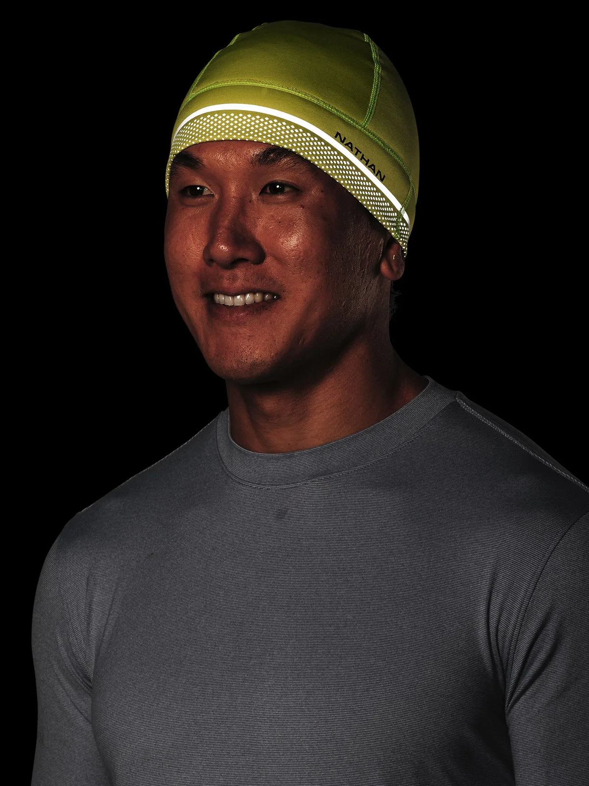 Nathan HyperNight Reflective Beanie, Hi Vis Yellow/Geo Print.