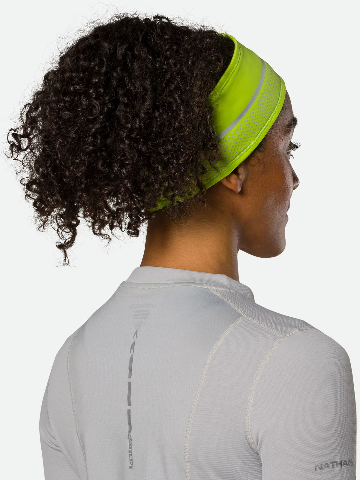Nathan HyperNight Reflective Headband, Hi Vis Yellow/Geo Print, rear lateral view.