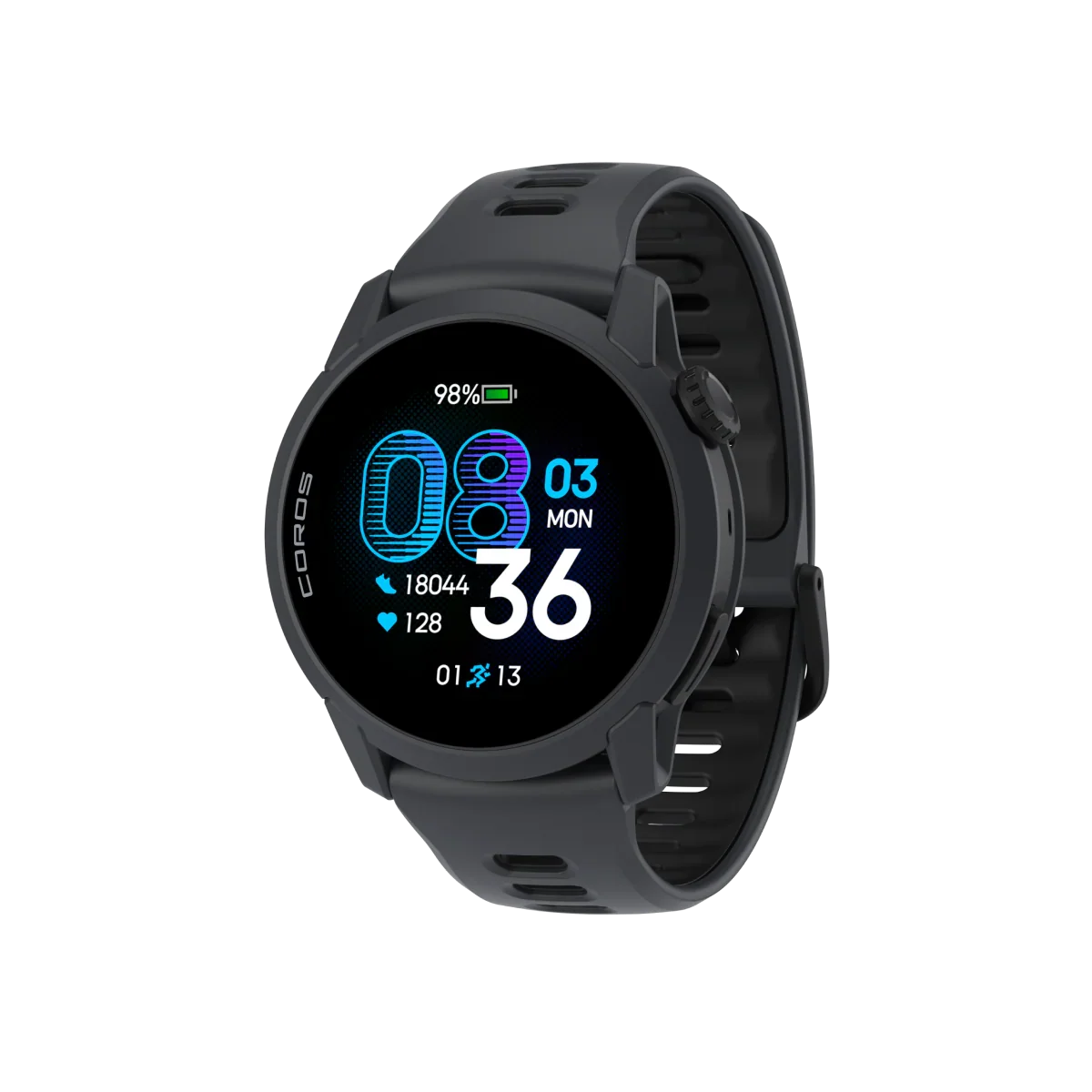 COROS PACE 4 GPS sports watch in Black with silicone band angled view