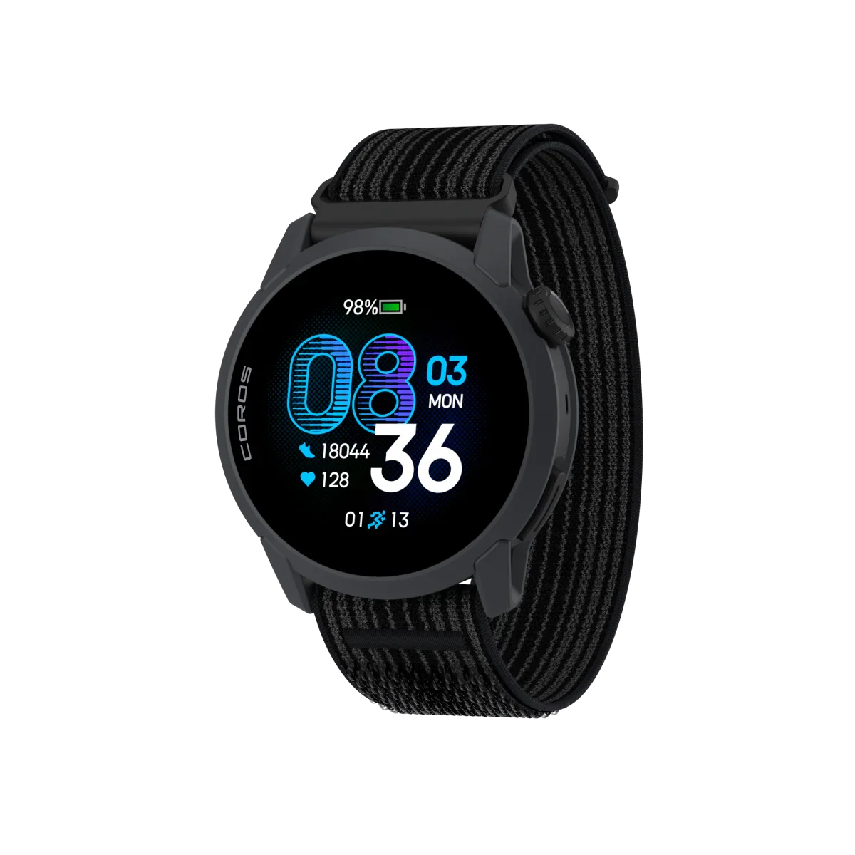COROS PACE 4 GPS sports watch in Black with nylon band angled view
