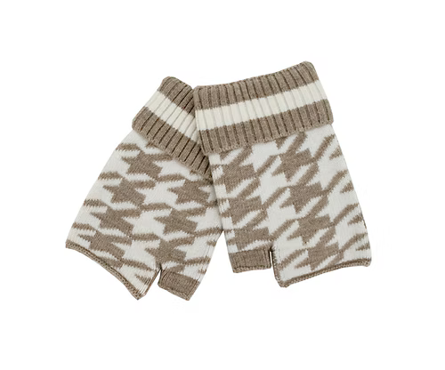 white and camel houndstooth pattern fingerless glove