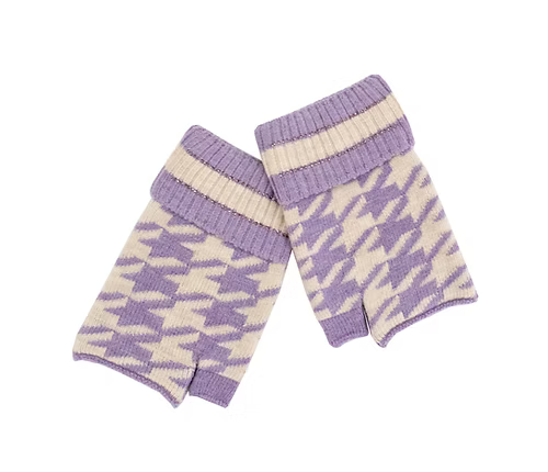 white and lilac houndstooth pattern fingerless glove, with thin line of sparkly trim