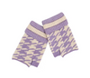 white and lilac houndstooth pattern fingerless glove, with thin line of sparkly trim