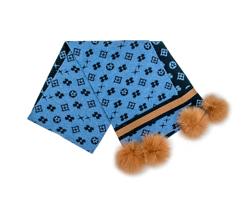 Blue patterned scarf with brown pom-poms on a white background