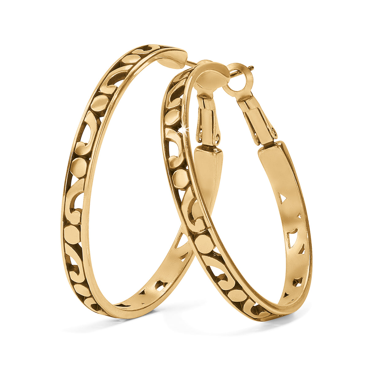 A pair of Brighton Contempo large hoop earrings in gold color, featuring a patterned design.
