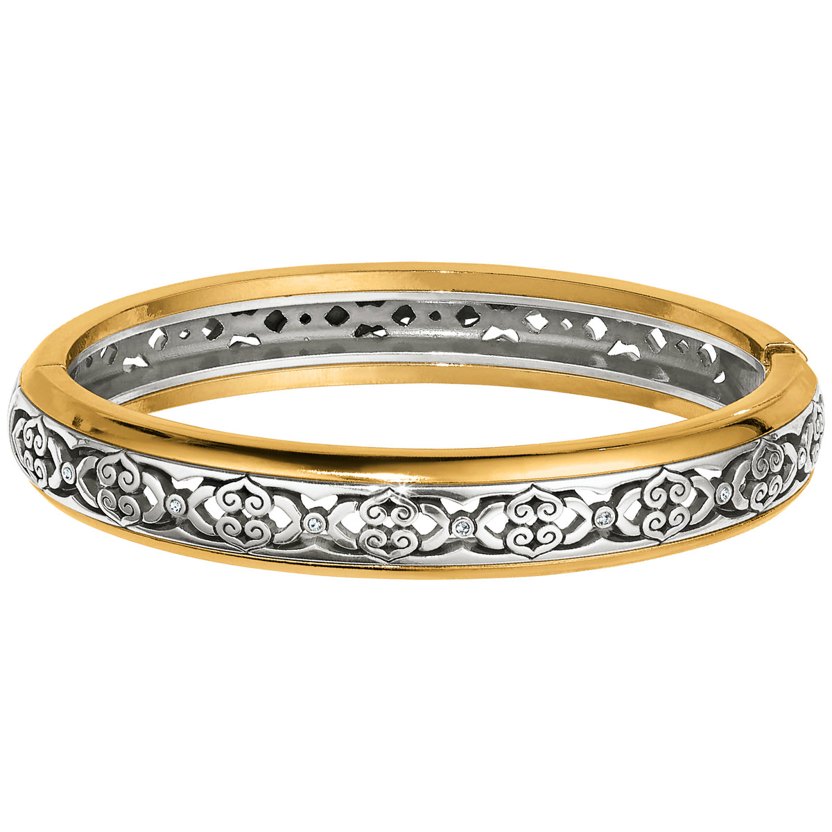 A narrow hinged bangle bracelet with intricate floral patterns, featuring a two-tone design with gold on the interior and silver on the exterior.