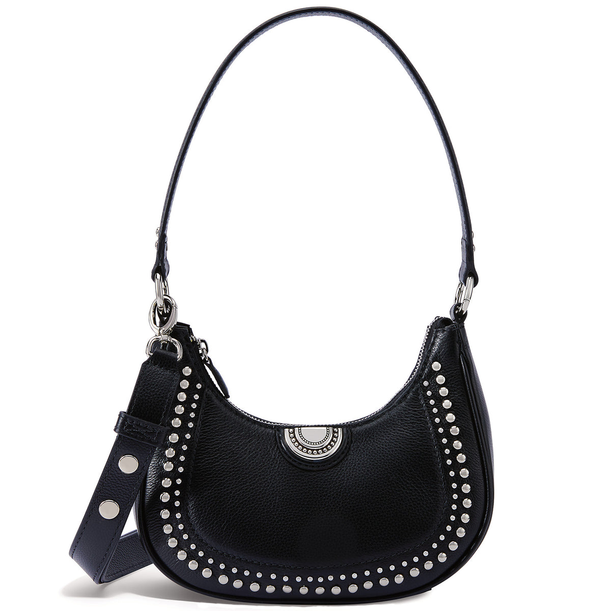 Black handbag with silver studs on a white background