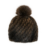Brown knitted beanie with a fur pom-pom on a white background