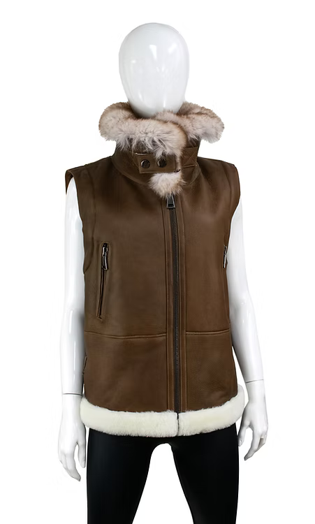 Showing the shearling jacket with the sleeves removed