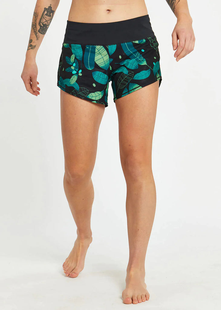 Oiselle Roga Shorts. Leaf pattern. Front view.