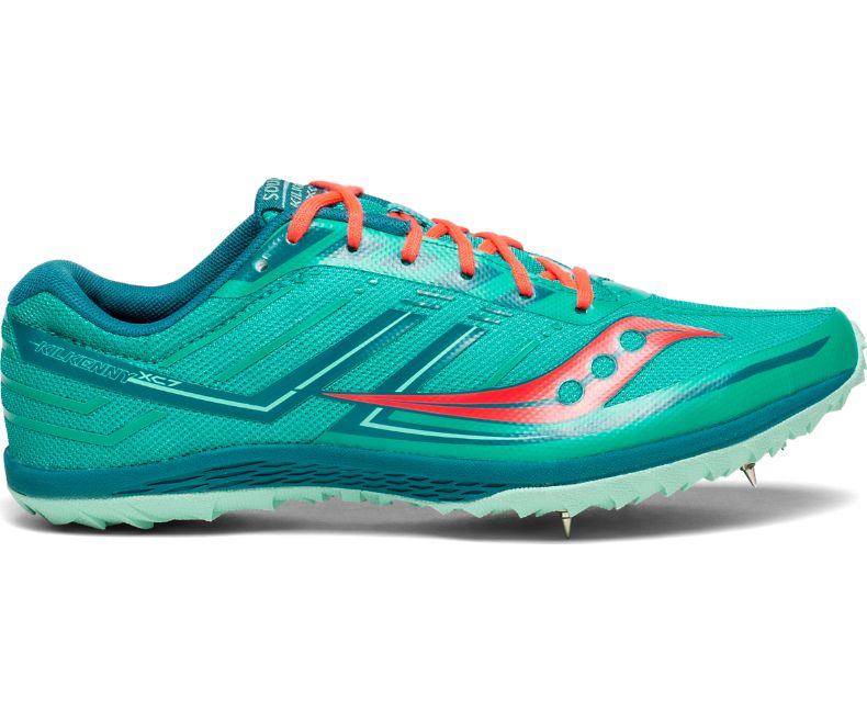 Women's Saucony Kilkenny XC 7. Green upper. Green midsole. Lateral view.