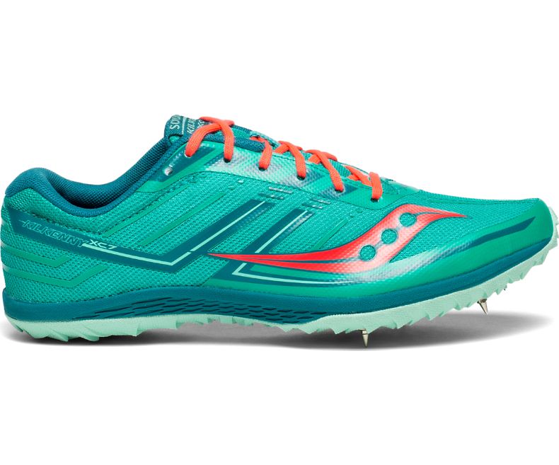 Women's Saucony Kilkenny XC 7. Tea/Red. Lateral view.