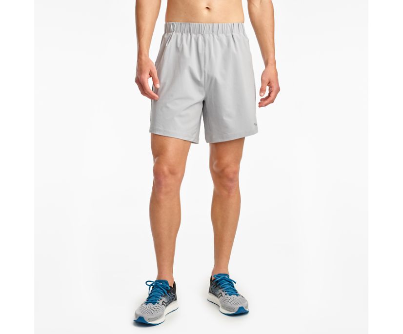 Men's Saucony Outpace Shorts. Grey. Front view.