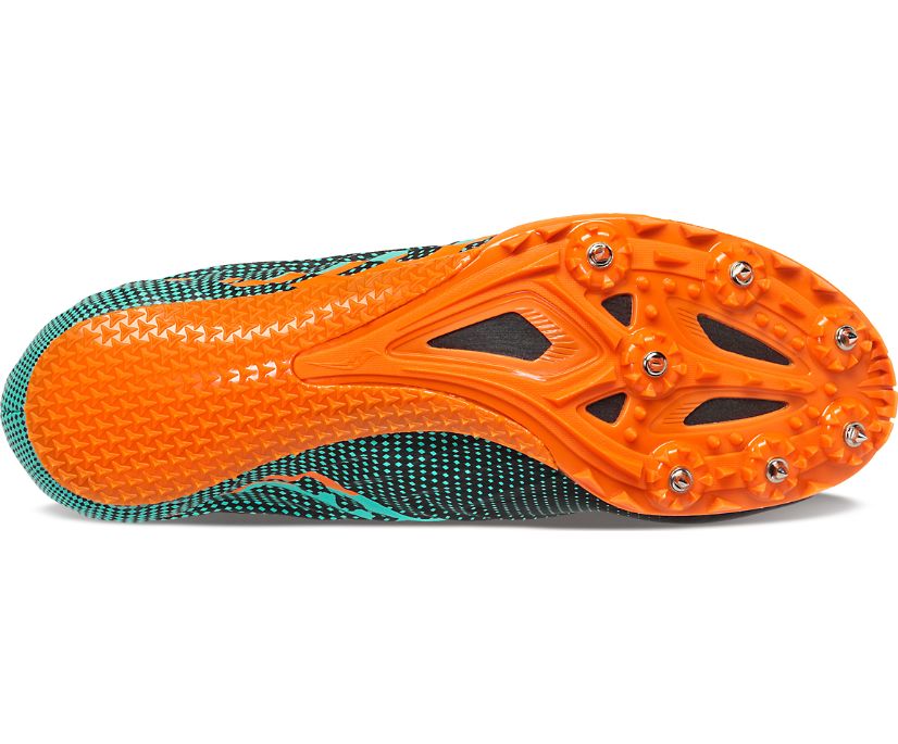 Men's Saucony Spitfire 5. Black/Cool Mint. Outsole view.