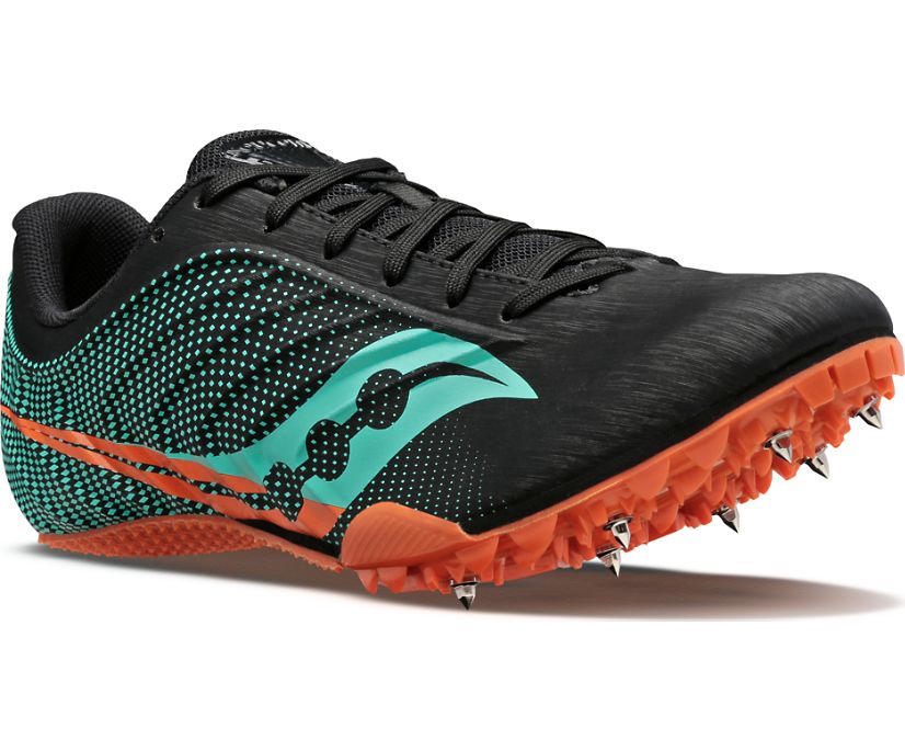 Men's Saucony Spitfire 5. Black/Cool Mint. Lateral view.