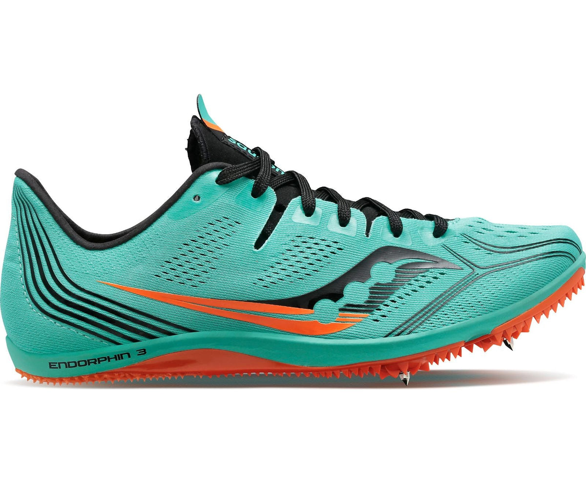 Women's Saucony Endorphin 3 Track Spike in Cool Mint/Black, lateral view.