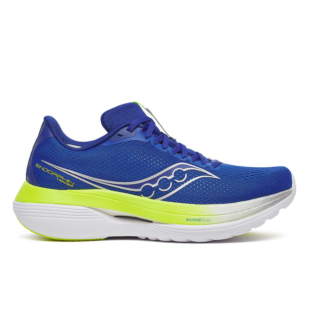 Men's Saucony Endorphin Trainer. Blue upper. White midsole. Lateral view.