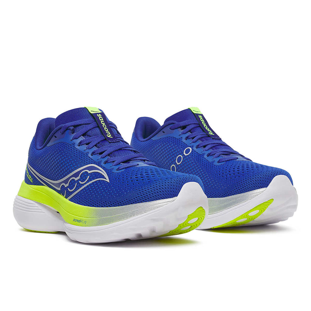Men's Saucony Endorphin Trainer. Blue upper. White midsole. Lateral view.