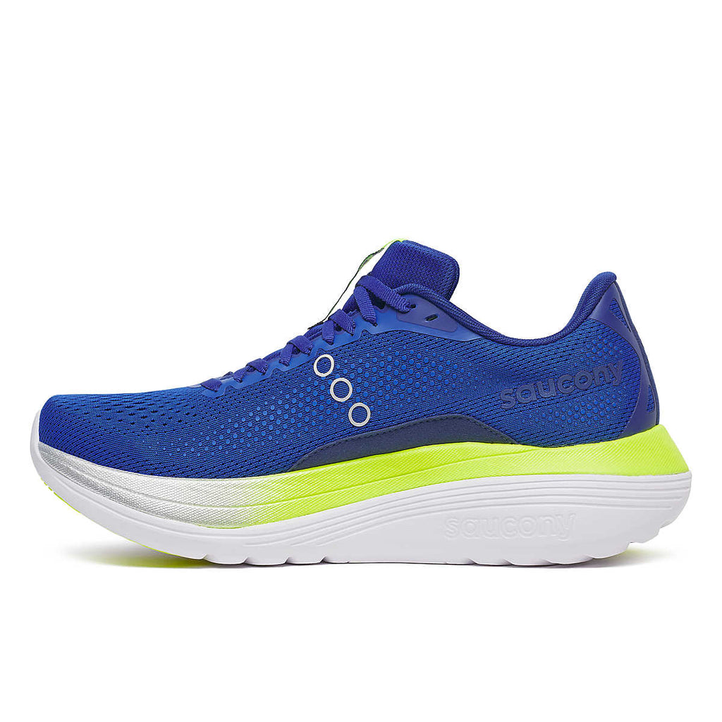 Men's Saucony Endorphin Trainer. Blue upper. White midsole. Medial view.