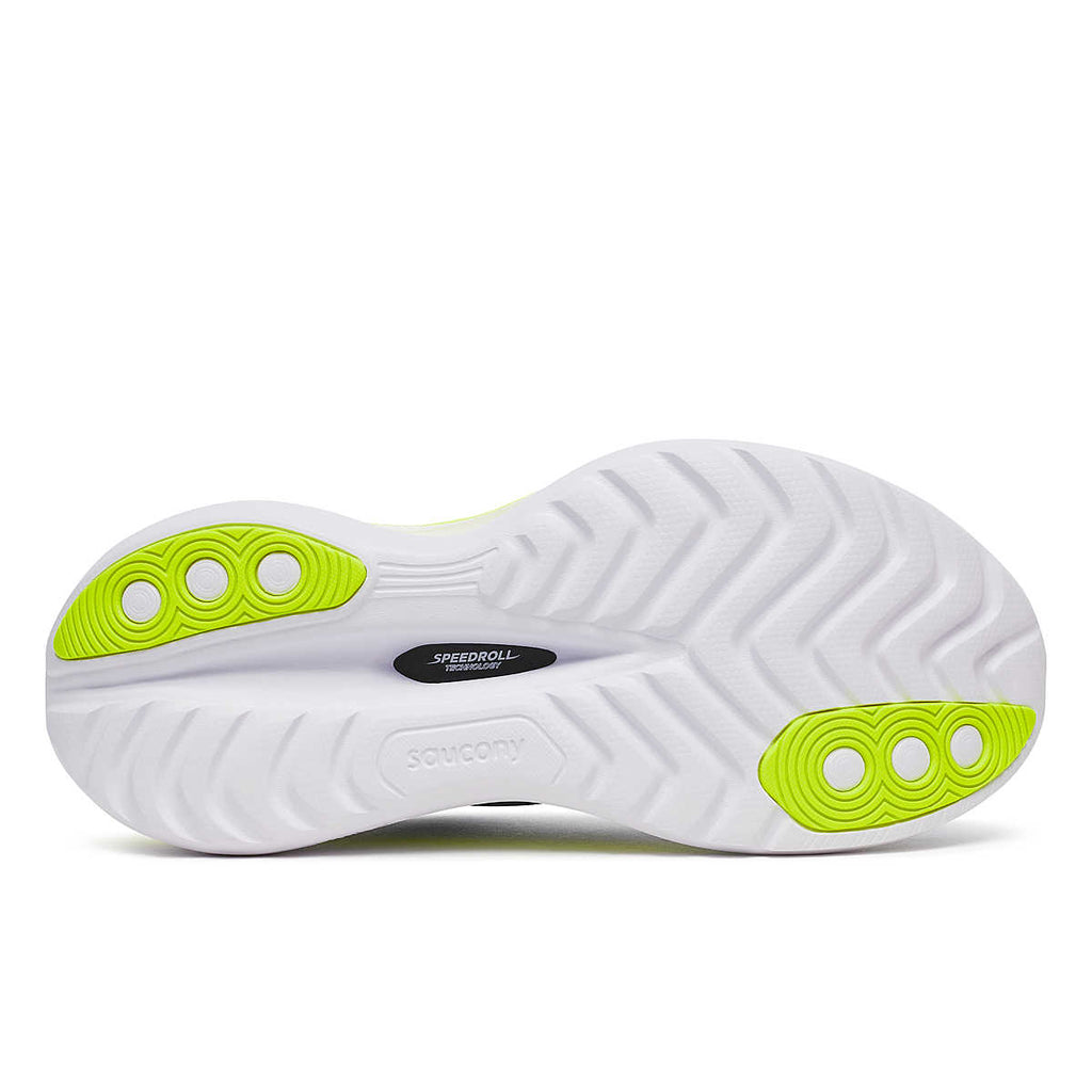 Men's Saucony Endorphin Trainer. Blue upper. White midsole. Bottom view.