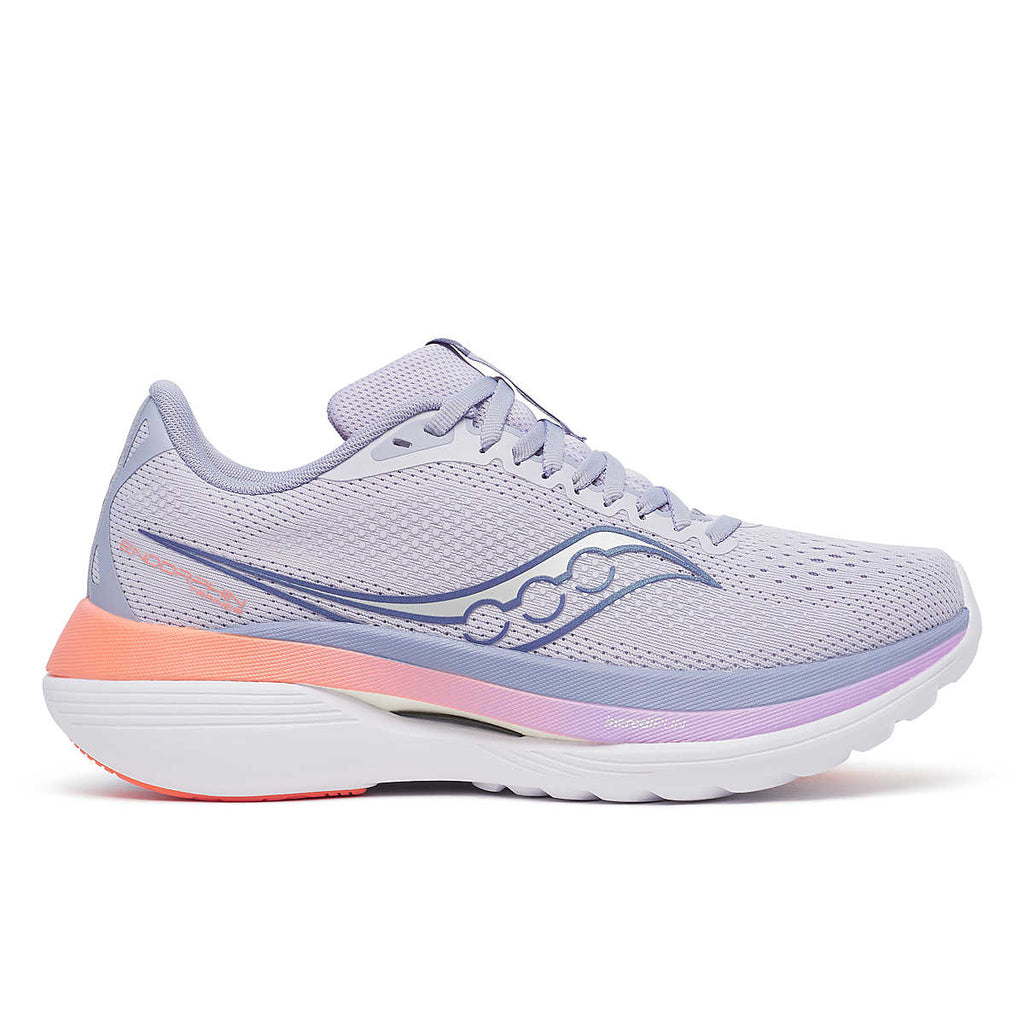 Women's Saucony Endorphin Trainer. Light Blue upper. White midsole. Lateral view.