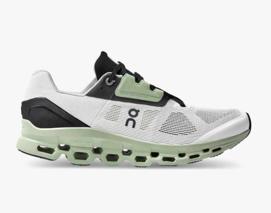 Men's On Cloudstratus 2. White upper. Green midsole. Lateral view.