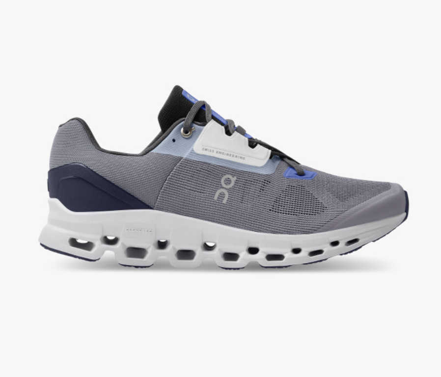 Men's On Cloudstratus 2. Grey upper. White midsole. Lateral view.