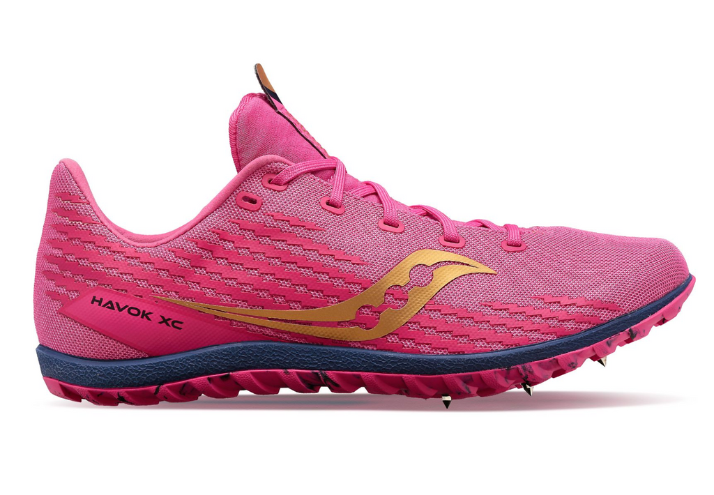 Men's Saucony Havok XC 3. Pink upper. Purple midsole. Lateral view.