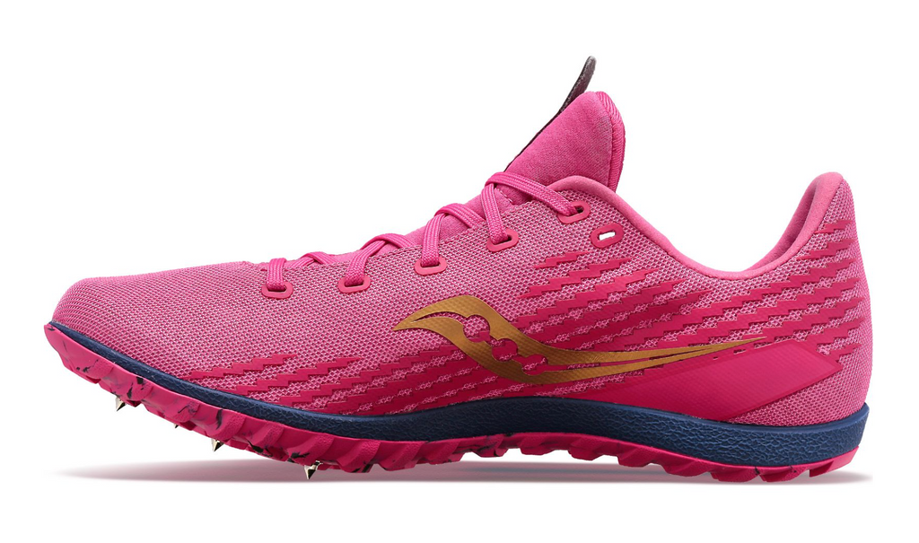 Men's Saucony Havok XC 3. Pink upper. Purple midsole. Medial view.