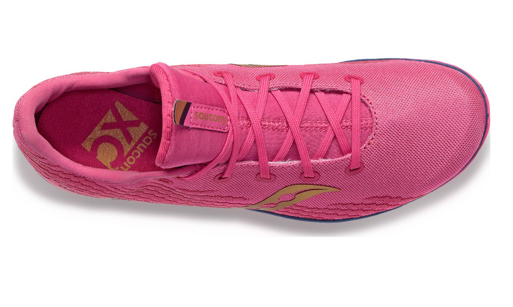 Men's Saucony Havok XC 3. Pink upper. Purple midsole. Top view.