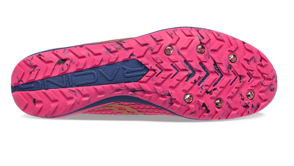 Men's Saucony Havok XC 3. Pink upper. Purple midsole. Bottom view.