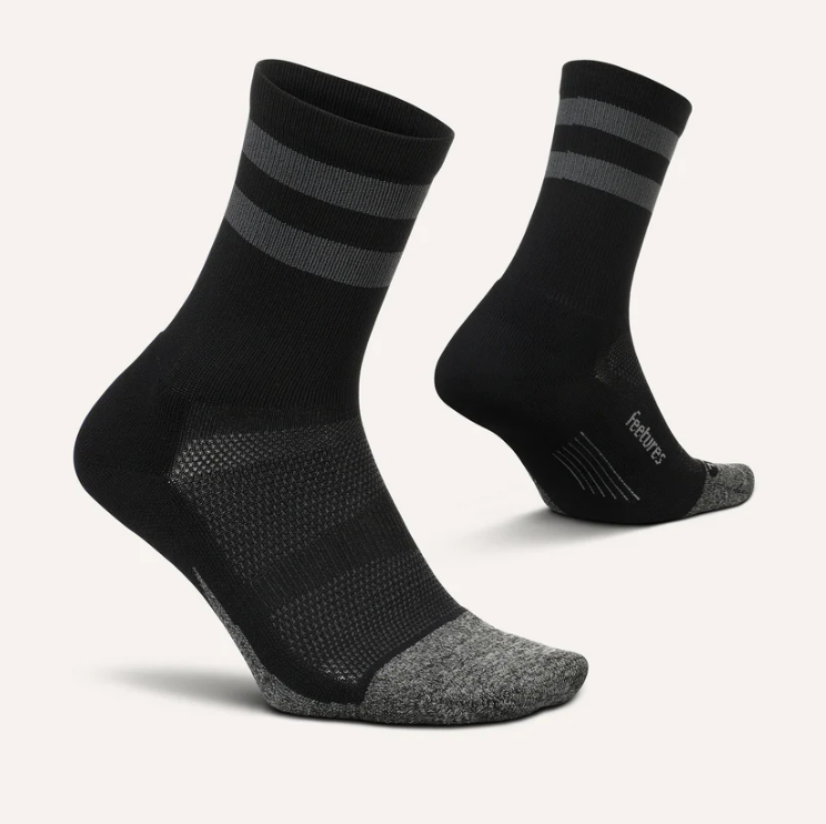 Feetures Elite Light Cushion Mini Crew socks in Black High Top Stripe, unisex running socks.