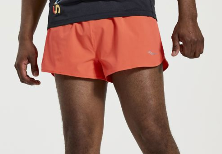 Men's Saucony Outpace Shorts. Red. Front view.