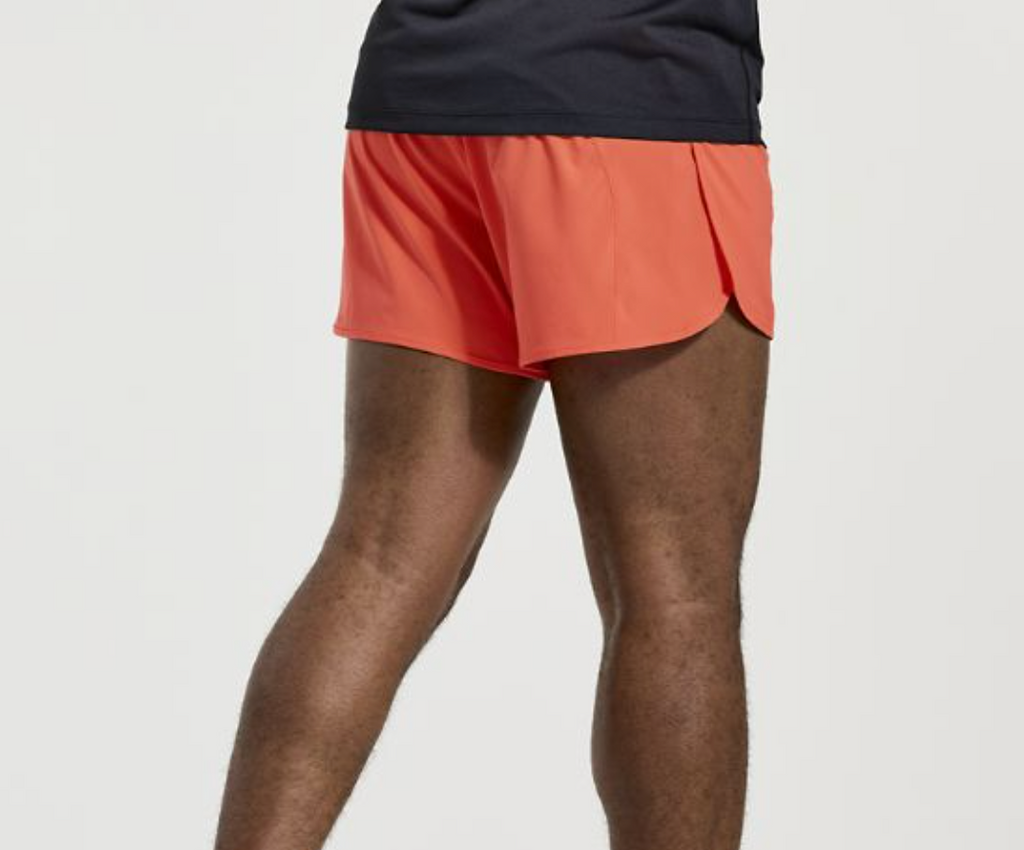 Men's Saucony Outpace Shorts. Red. Rear view.