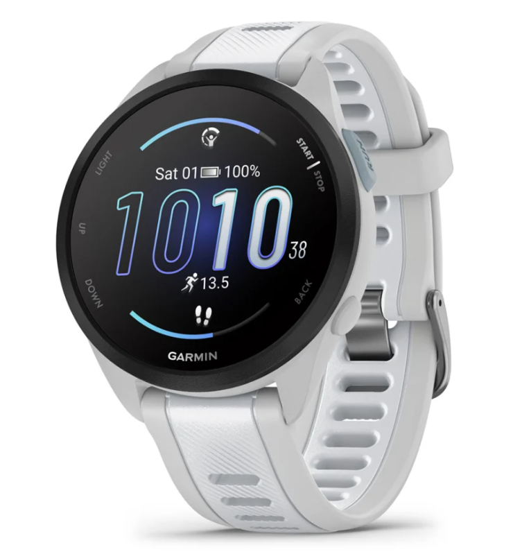 Garmin Forerunner 165 Music. White. Front/Lateral view.