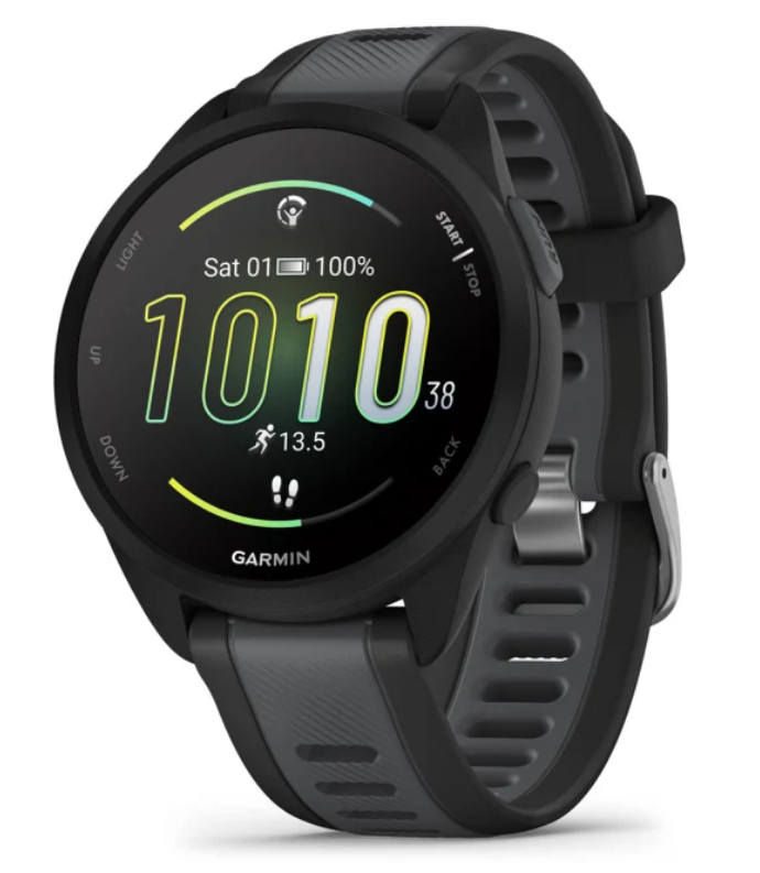 Garmin Forerunner 165 Music. Black. Front/Lateral view.