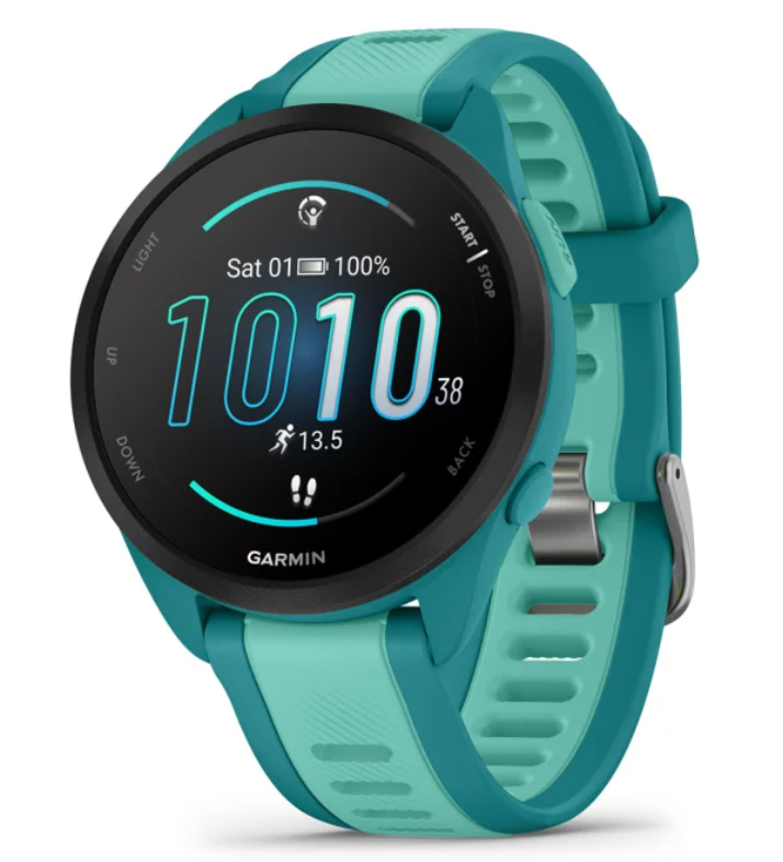 Garmin Forerunner 165 Music. Teal. Front/Lateral view.