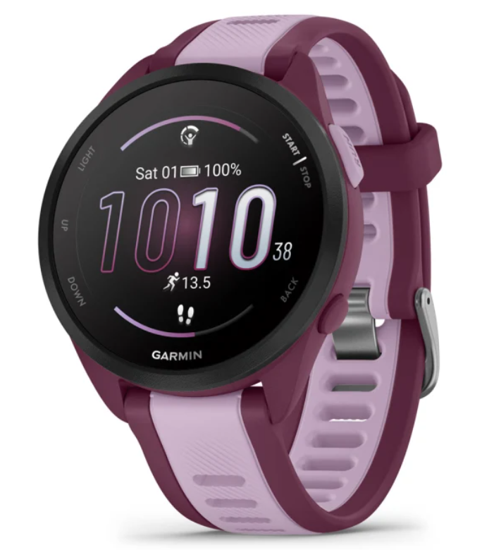 Garmin Forerunner 165 Music. Purple. Front/Lateral view.