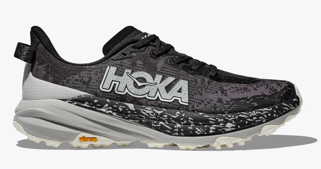 Men's Hoka Speedgoat 6 in Black/Stardust, alternate product view.