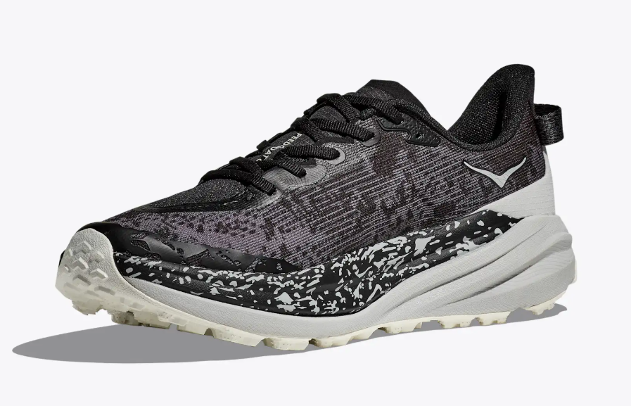 Men's Hoka Speedgoat 6 in Black/Stardust, lateral side view.
