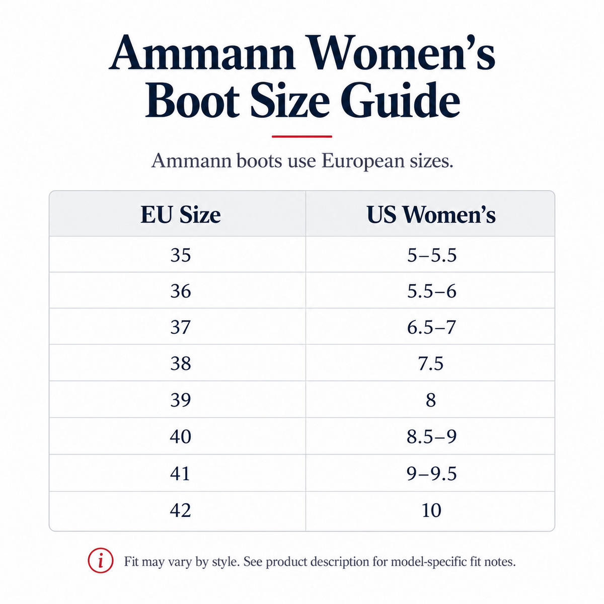Ammann women's boot size guide with EU sizes 35–42 and US women's sizes 5–10, Fall/Winter 2026 conversion chart