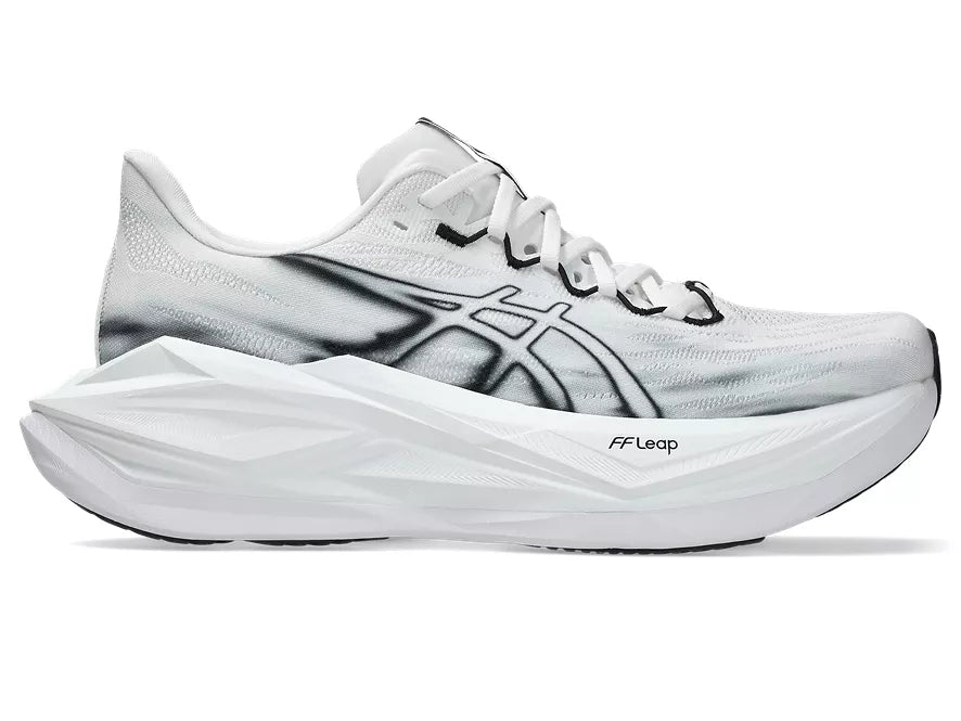 Asics Superblast 3. White upper. White midsole. Lateral view.