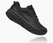 Women's Hoka Bondi SR. Black leather upper. Black midsole. Lateral view.