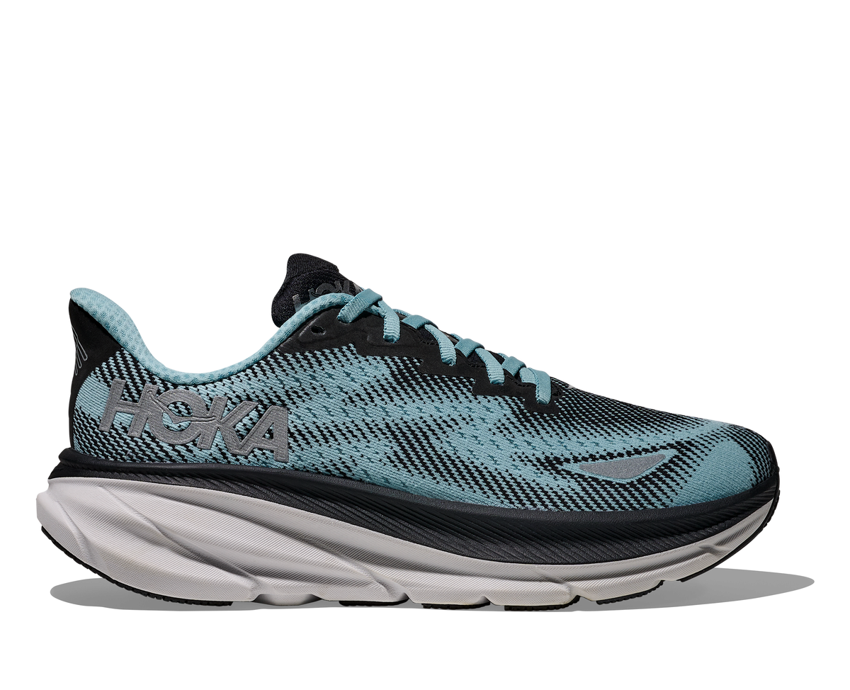 Hoka Clifton 9 GTX women's waterproof running shoe in Black/Raindrop