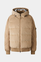 Men's beige ski jacket with a hood, featuring a quilted design, zippered pockets, and the BOGNER logo.