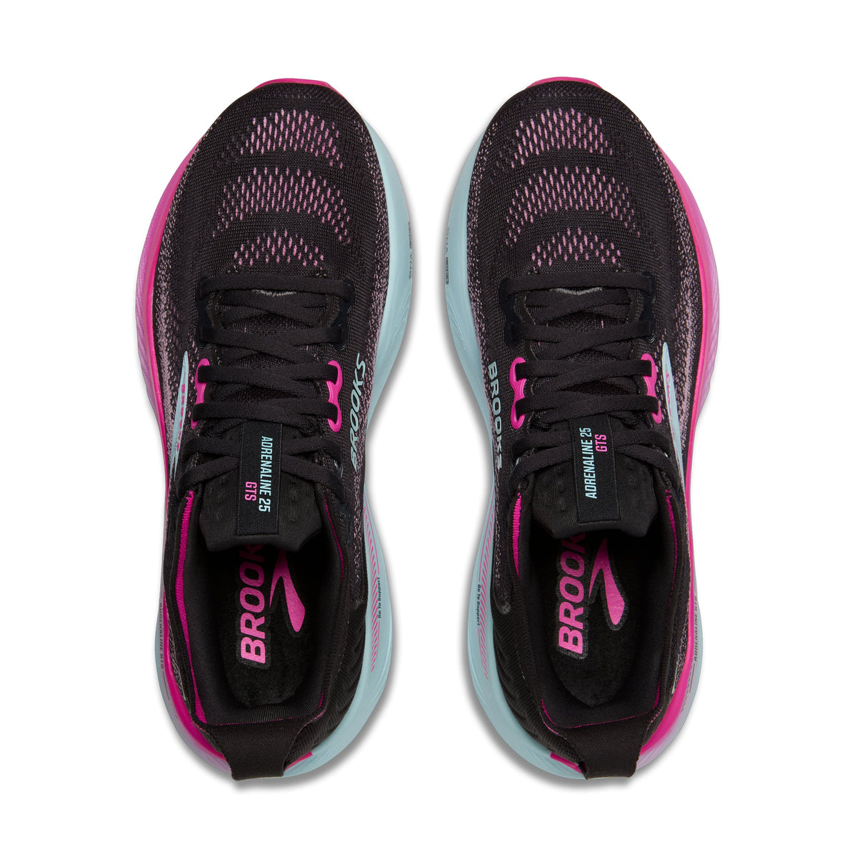 Women's Brooks Adrenaline GTS 25 in Black/Cyber Pink/Iced Aqua – top view