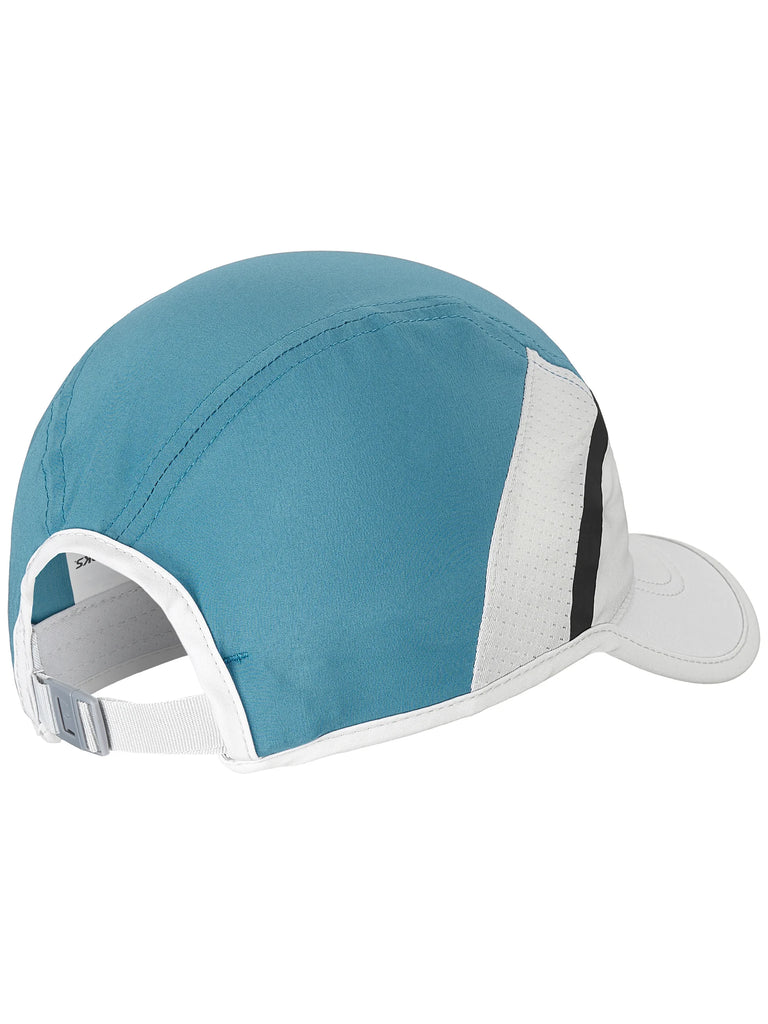 Unisex Brooks Base Hat. White/blue. Rear/Lateral view.